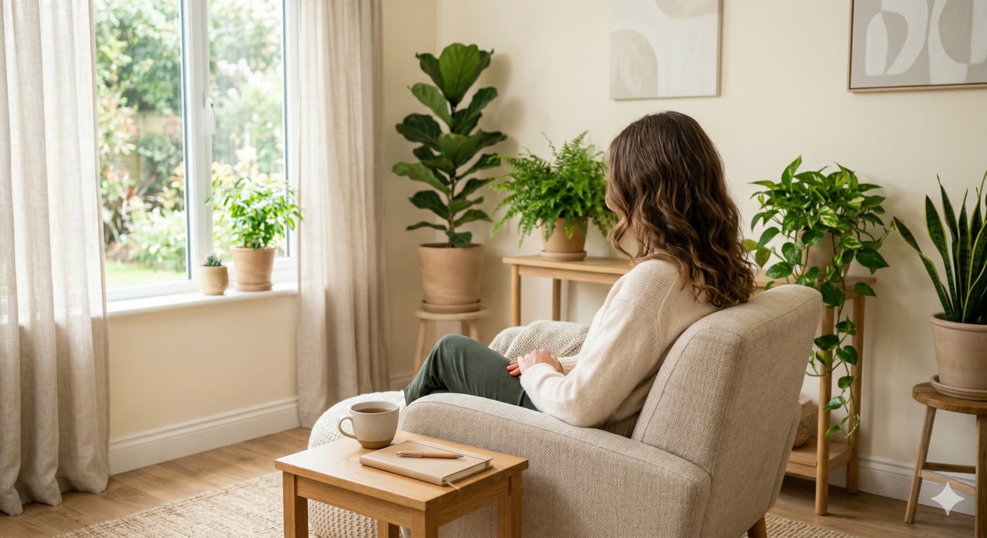 Serene groene omgeving met persoon die rustig mediteert, burnout herstel coaching setting, kalmte en zelfzorg, professionele foto