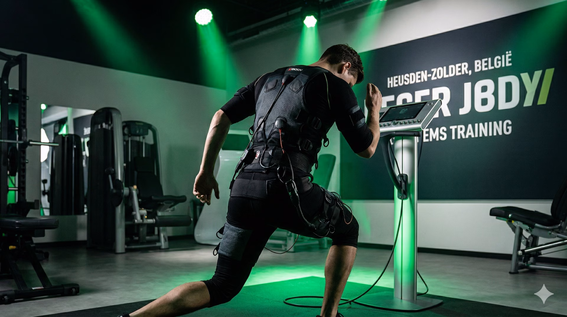 Persoon draagt Xbody EMS trainingspak in professionele gym, futuristisch elektroden pak, trainer assisteert, dramatische studiobelichting, moderne sportschool Heusden-Zolder