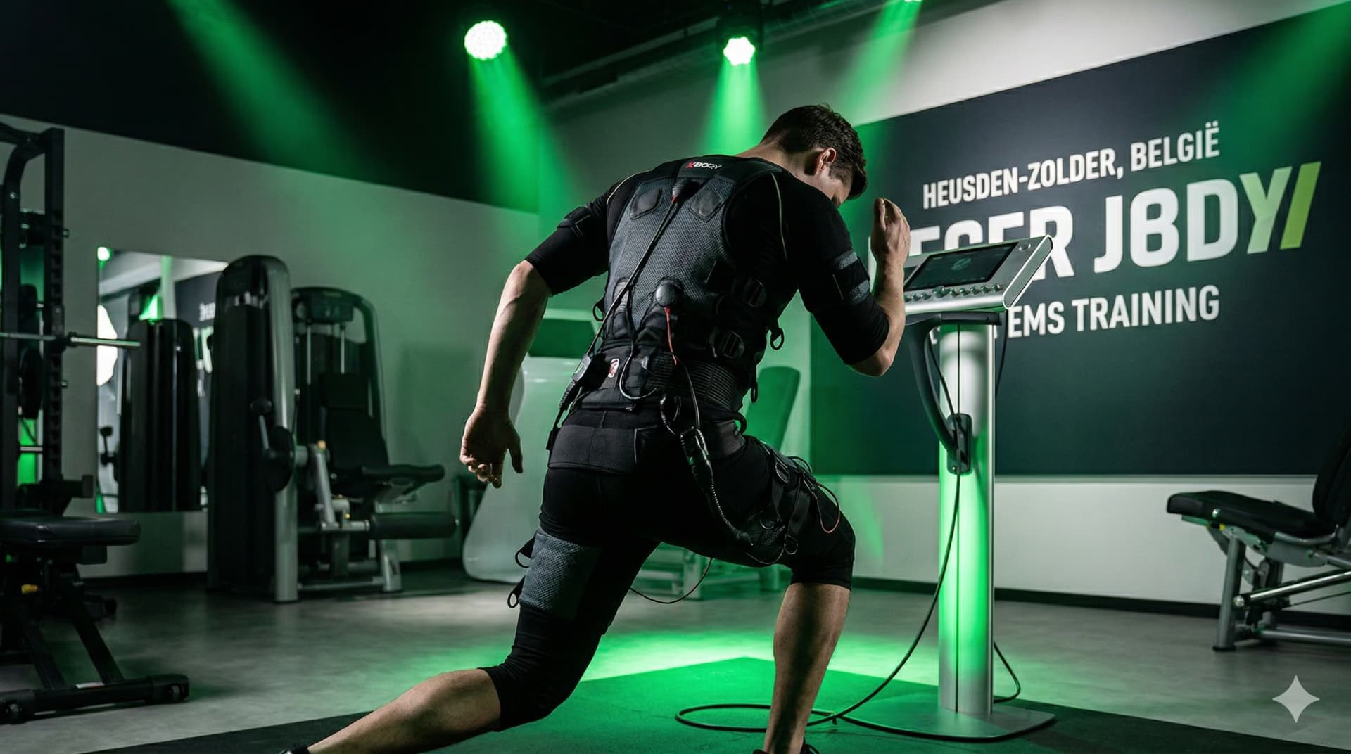 Persoon draagt Xbody EMS trainingspak in professionele gym, futuristisch elektroden pak, trainer assisteert, dramatische studiobelichting, moderne sportschool Heusden-Zolder