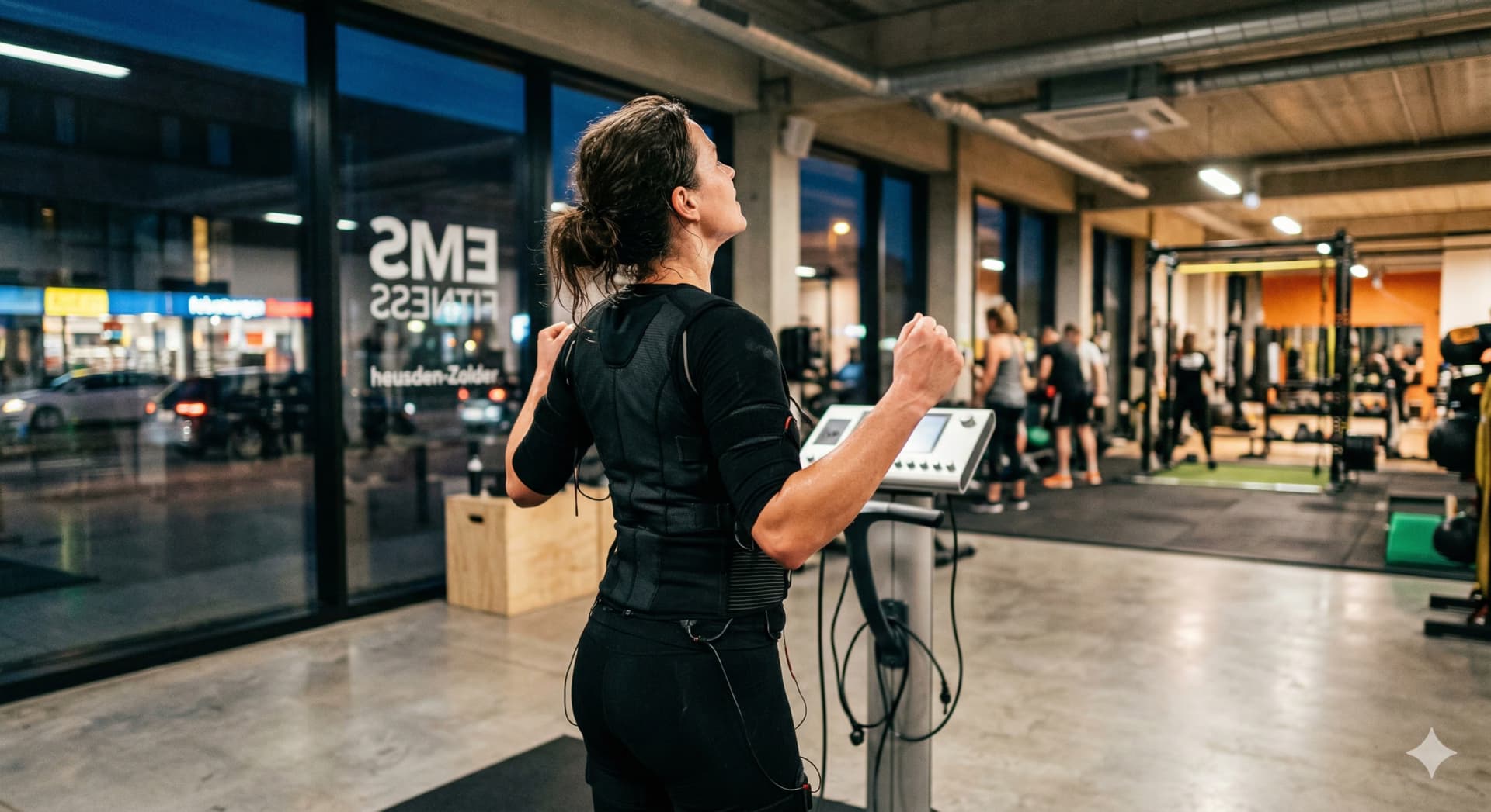 Fotorealistisch: fitte vrouw in sportkleding na een EMS trainingssessie, stralende uitstraling, modern fitnesscentrum op de achtergrond, triomfantelijke houding, gezicht buiten beeld of vaag