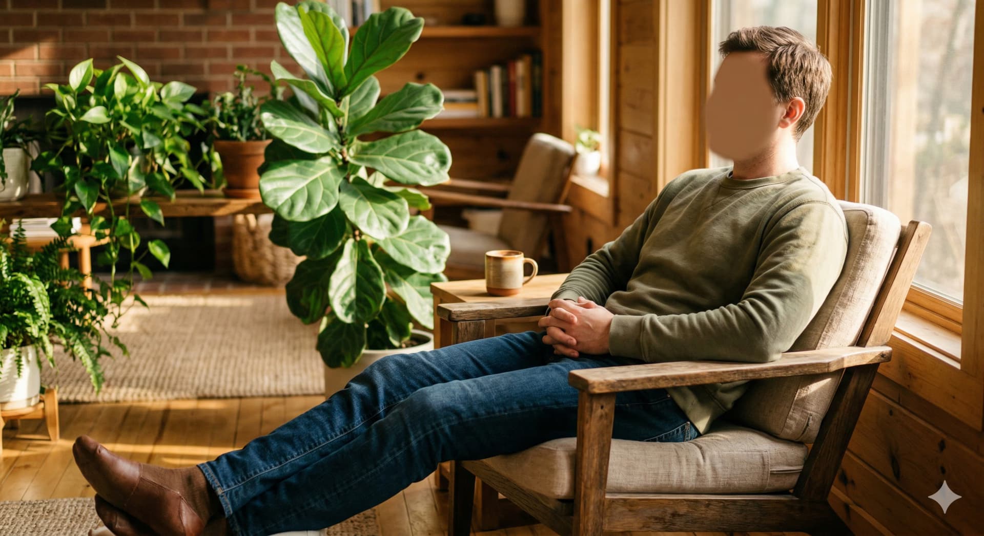 Fotorealistisch: man in casual kleding zit ontspannen, vredige uitdrukking, groene plant op de achtergrond, warm zonlicht, gevoel van herstel en rust, gezicht buiten beeld of vaag