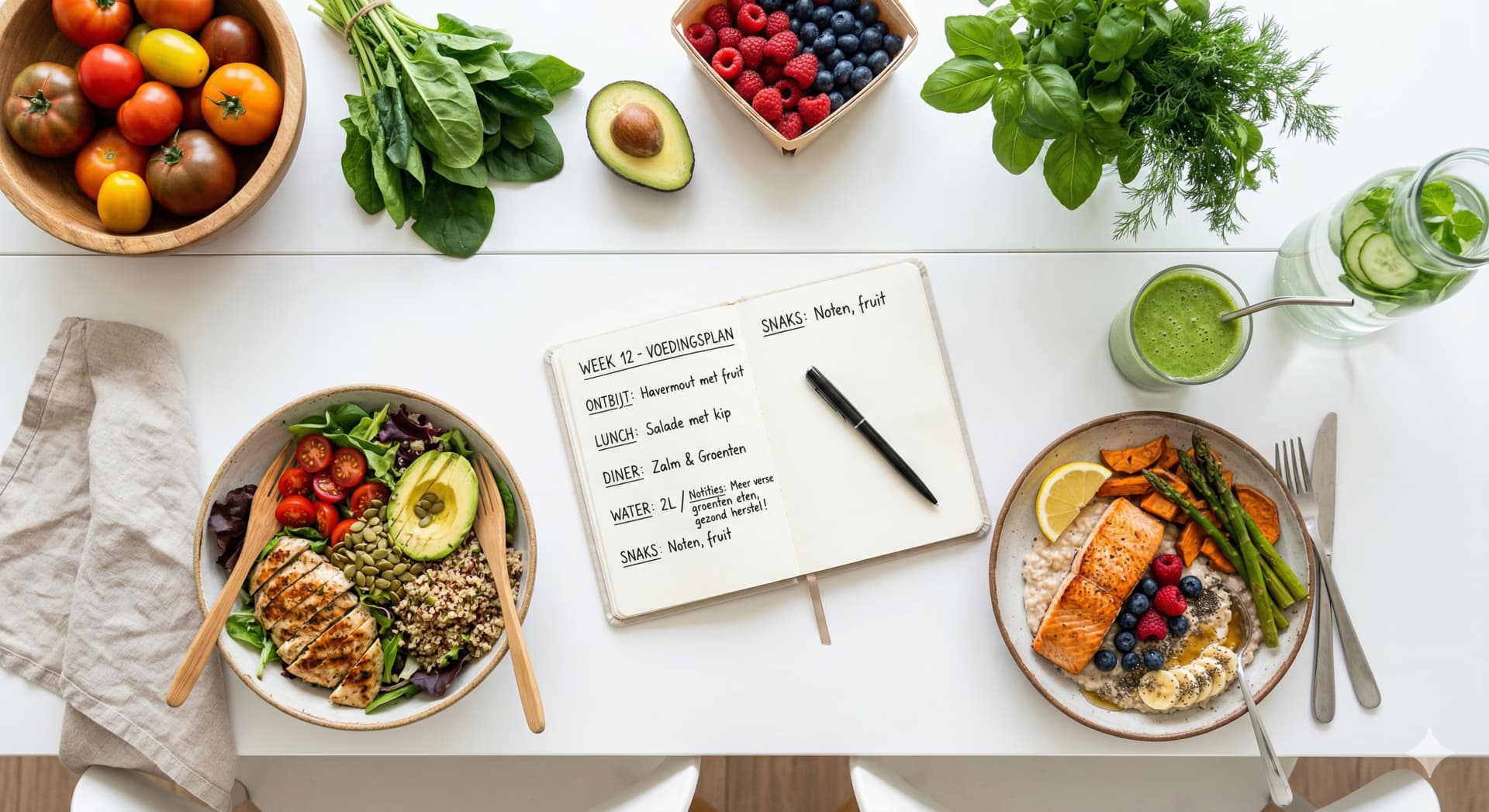 Kleurrijke gezonde maaltijden op tafel, gepersonaliseerd voedingsschema op papier, vers fruit en groenten, voedingscoaching concept Healthy Center