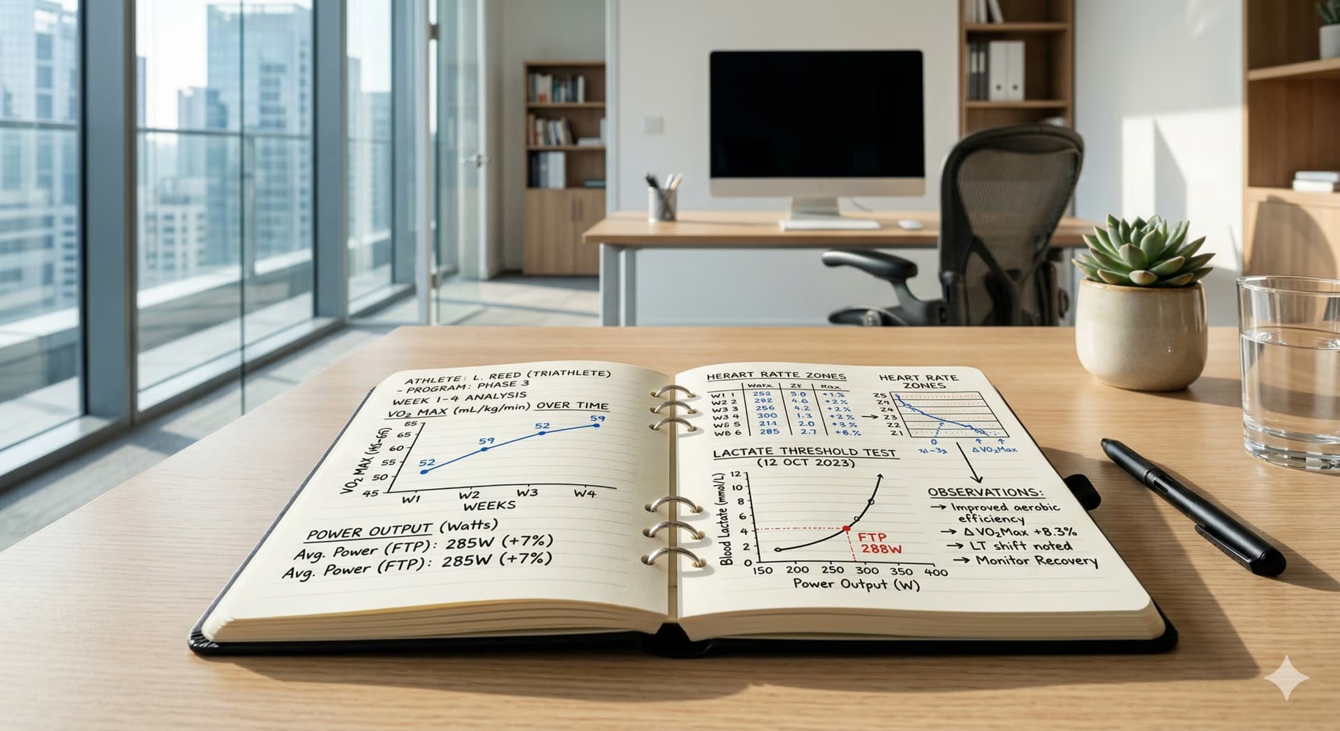 Wetenschappelijk onderzoek naar sport en voeding, open notebook met data en grafieken, moderne professionele omgeving, evidence-based fitness coaching